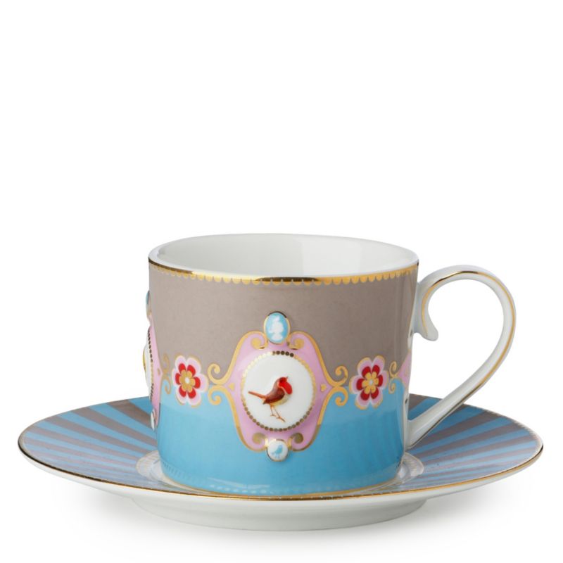 Love birds cup and saucer blue⁄khaki medallion   PIP STUDIO 